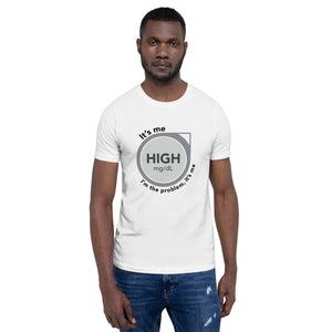 ExpressionMed High, I'm the Problem Unisex t-shirt CGM glucose monitor icon accompanied by 'Anti-Hero' lyrics by Taylor Swift