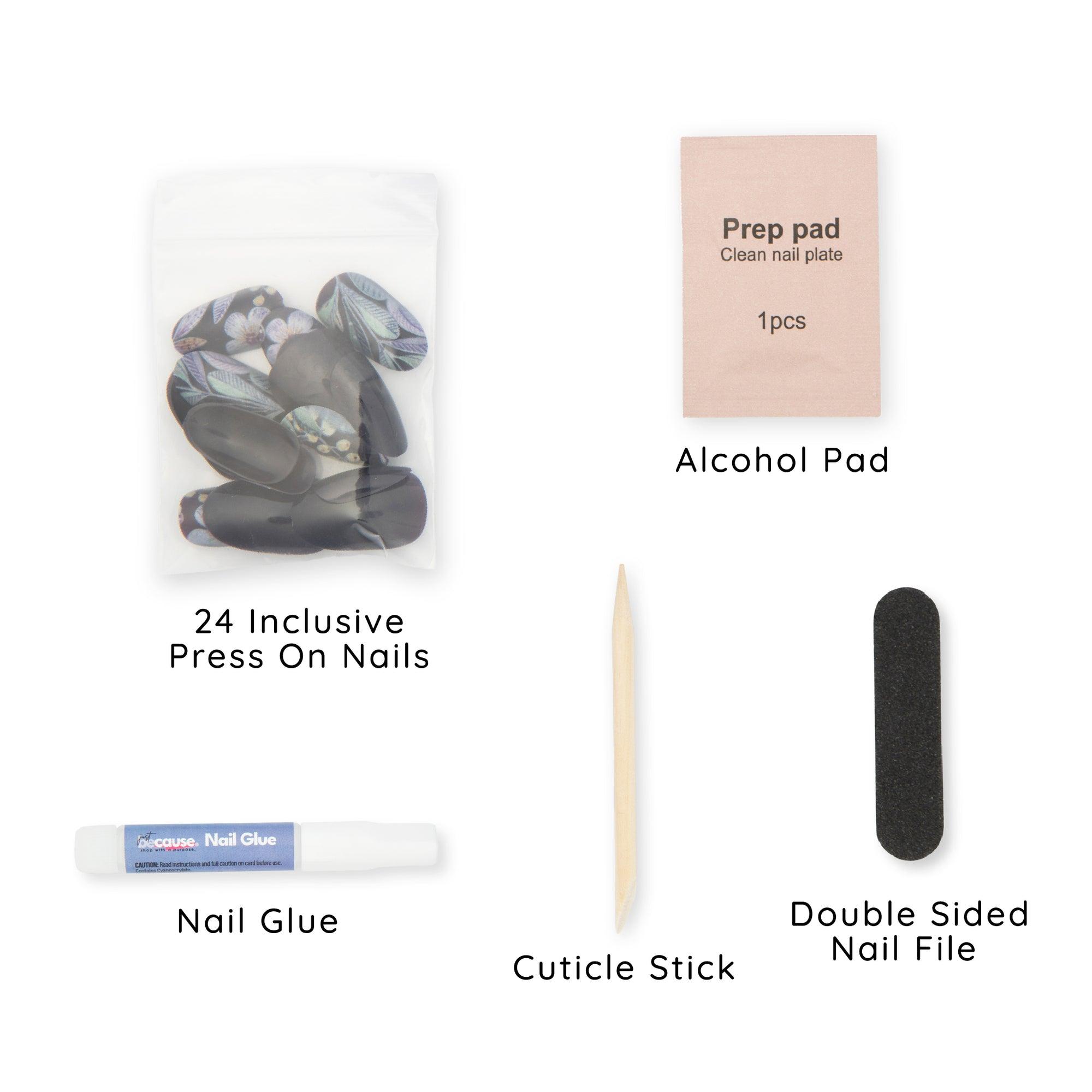 Just BeCause Box Contents, 24 pc. press on fake nails, alcohol prep pad, nail glue, cuticle stick, and double sided nail file Support T1D - ExpressionMed.com	