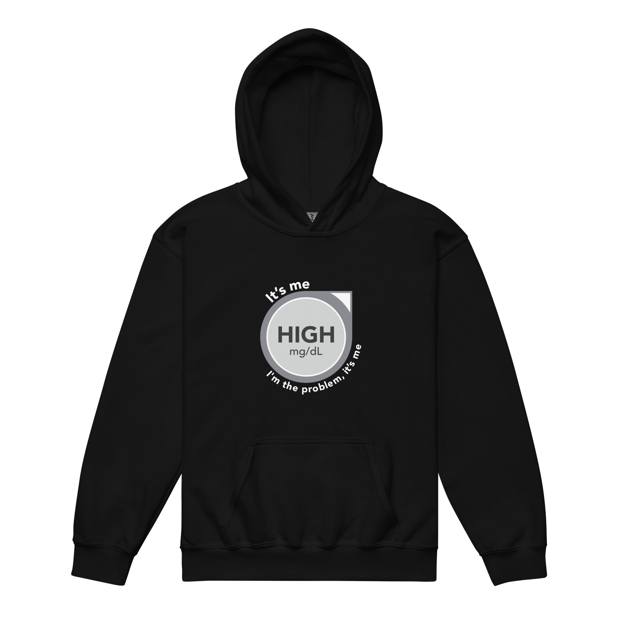 ExpressionMed High, I'm the Problem Youth Heavy Blend Hoodie Medical symbol for glucose monitoring inspired by Taylor Swift's 'Anti-Hero' lyrics