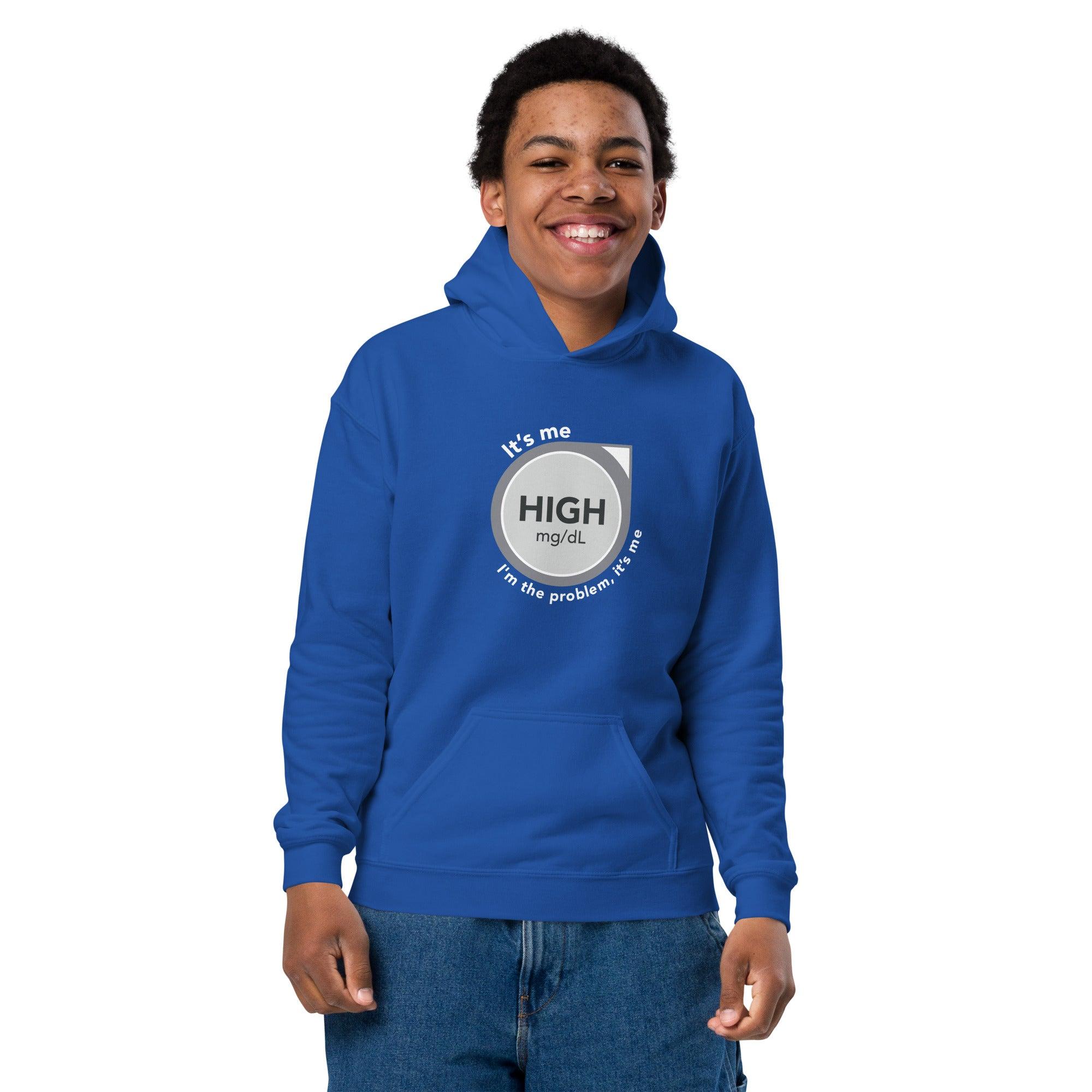 ExpressionMed High, I'm the Problem Youth Heavy Blend Hoodie Taylor Swift-inspired design incorporating CGM glucose monitor symbolism