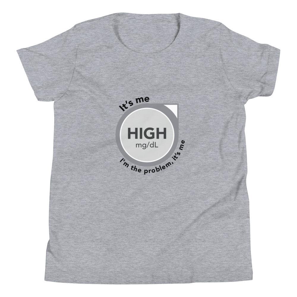 ExpressionMed High, I'm the Problem Youth Short Sleeve T-Shirt CGM glucose monitor icon accompanied by 'Anti-Hero' lyrics by Taylor Swift