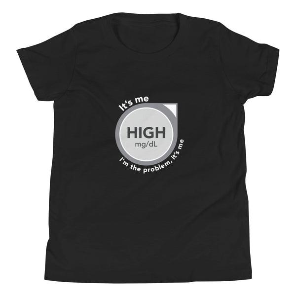 ExpressionMed High, I'm the Problem Youth Short Sleeve T-Shirt Continuous Glucose Monitor (CGM) symbol with Taylor Swift 'Anti-Hero' lyrics design