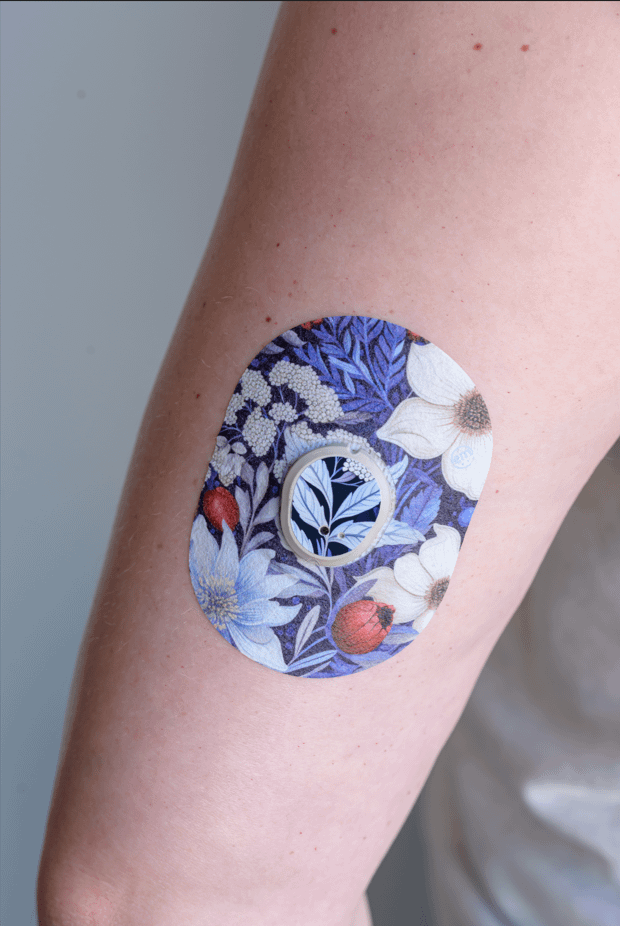 ExpressionMed, Winter Floral Dexcom G7 Tape,  Human Wearing Floral Themed CGM Adhesive Patch Design, Dexcom Stelo Glucose Biosensor System