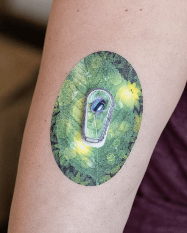 ExpressionMed, Dewey Leaf Dexcom G6 Tape, Single Tape and Single Sticker, Arm Wearing Insect Themed CGM Adhesive Patch Design