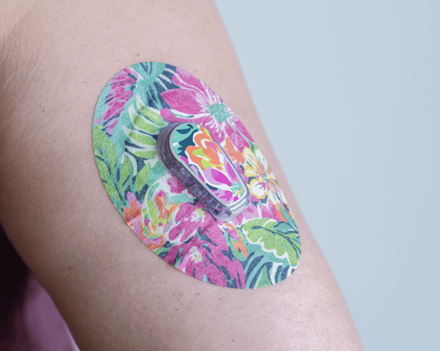 ExpressionMed, Tropic Burst Dexcom G6 Transmitter Sticker, Single Tape and Single Sticker, Arm Wearing Floral Themed CGM Adhesive Patch Design